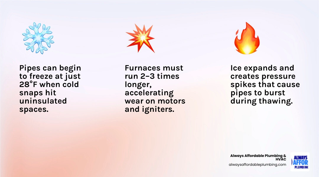 Infographic showing how cold snaps affect home pipes and furnace systems step by step infographic Infographic showing how cold snaps affect home pipes and furnace systems step by step infographic