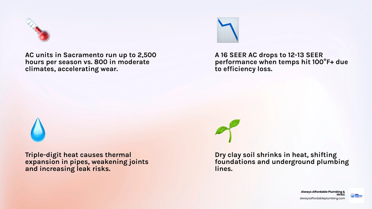 infographic showing how triple digit heat affects AC performance and plumbing stability in Sacramento homes infographic