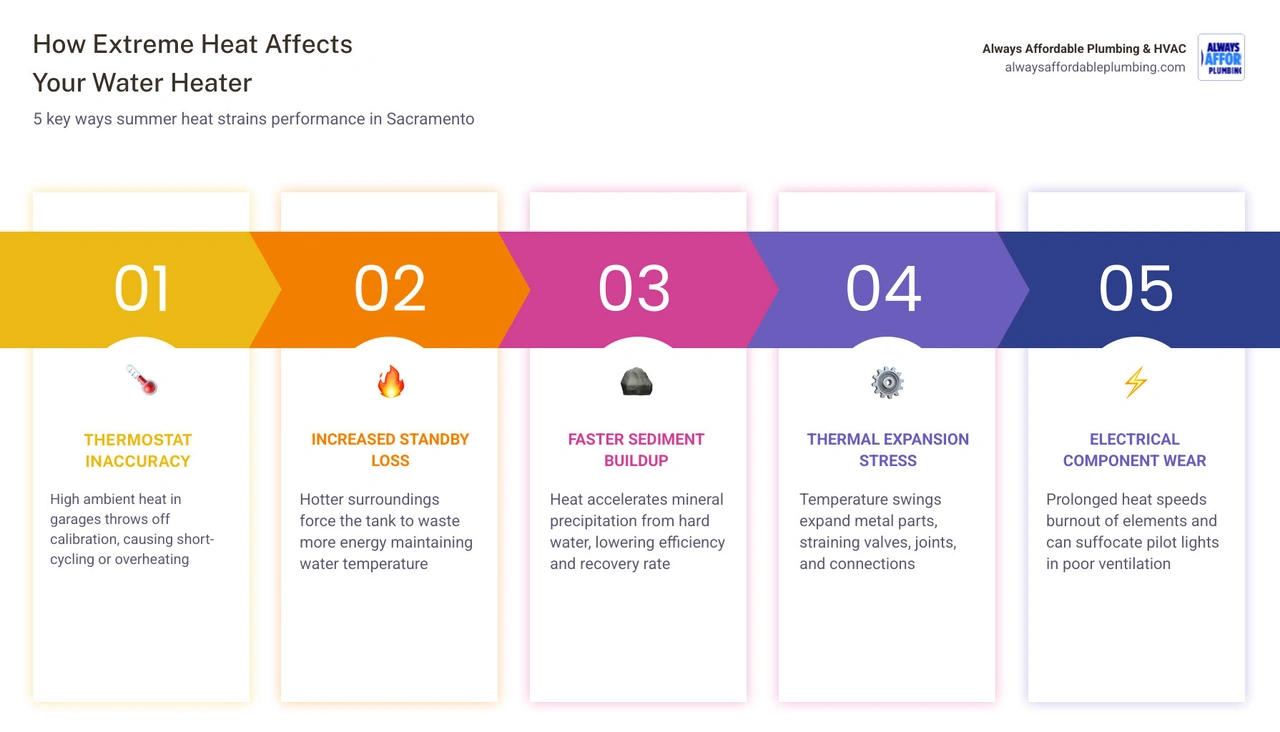 Infographic showing 5 ways summer heat strains water heater performance including thermostat drift, standby loss, sediment