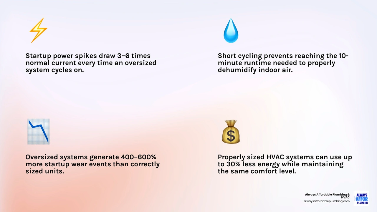Infographic showing the HVAC 10-minute efficiency curve, short cycling vs proper cycling, and key energy waste causes from