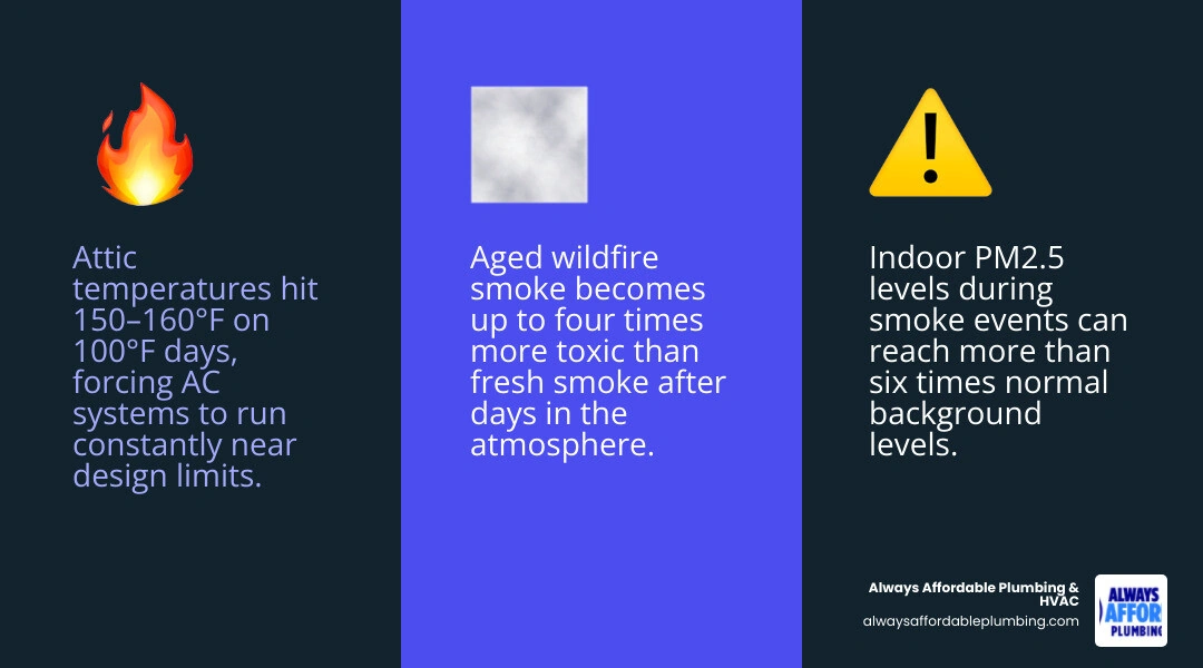 Infographic showing synergistic effects of Sacramento Valley extreme heat and wildfire smoke on home HVAC, air quality, and Infographic showing synergistic effects of Sacramento Valley extreme heat and wildfire smoke on home HVAC, air quality, and