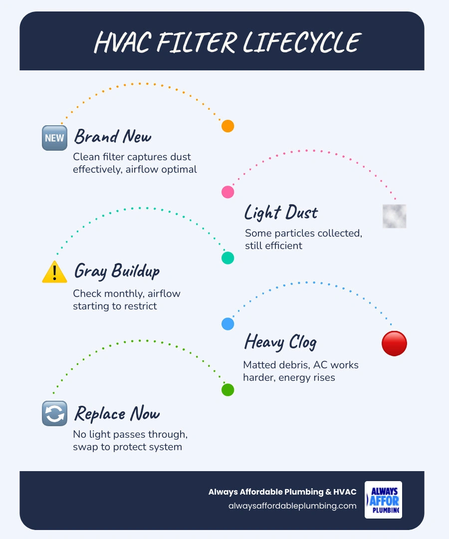 infographic showing HVAC air filter lifecycle from clean to clogged with replacement schedule by filter type infographic