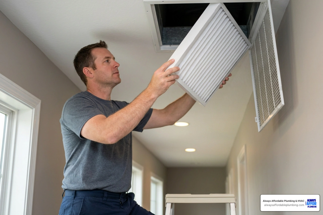 clean pleated air filter being installed in home return vent