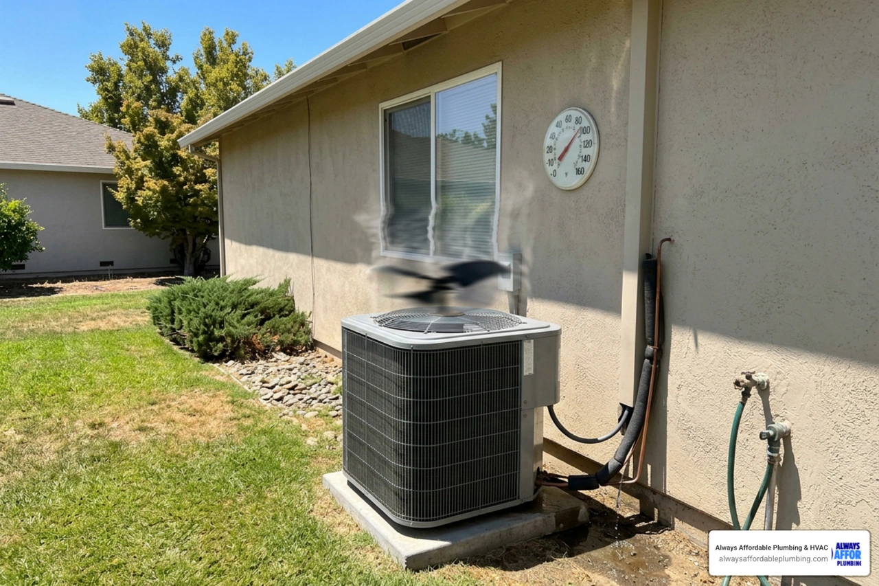 Infographic showing how extreme Sacramento summer heat stresses home HVAC and plumbing systems with key tips