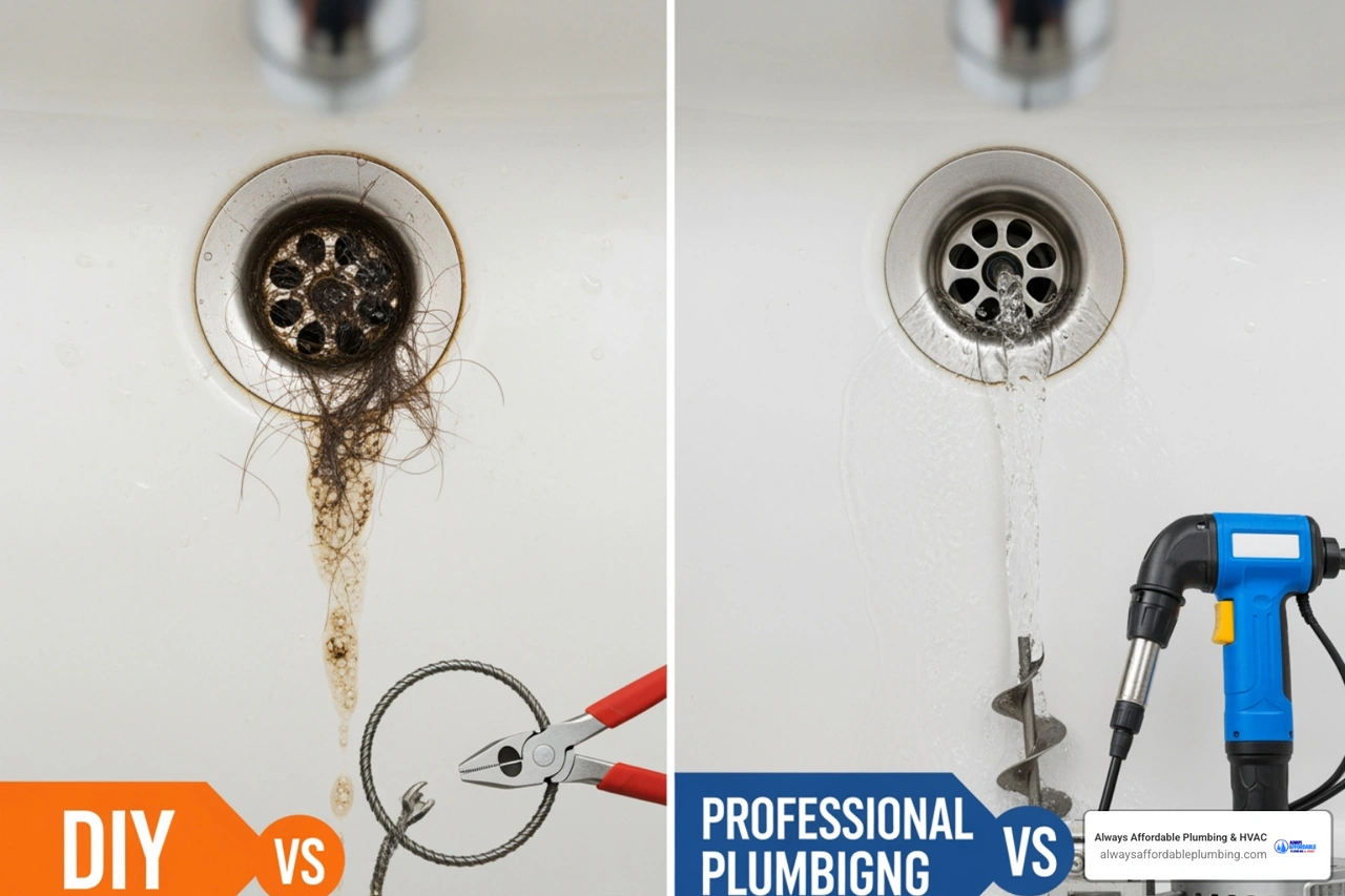 Infographic showing lifecycle of a drain clog from buildup to backup and DIY vs pro decision guide