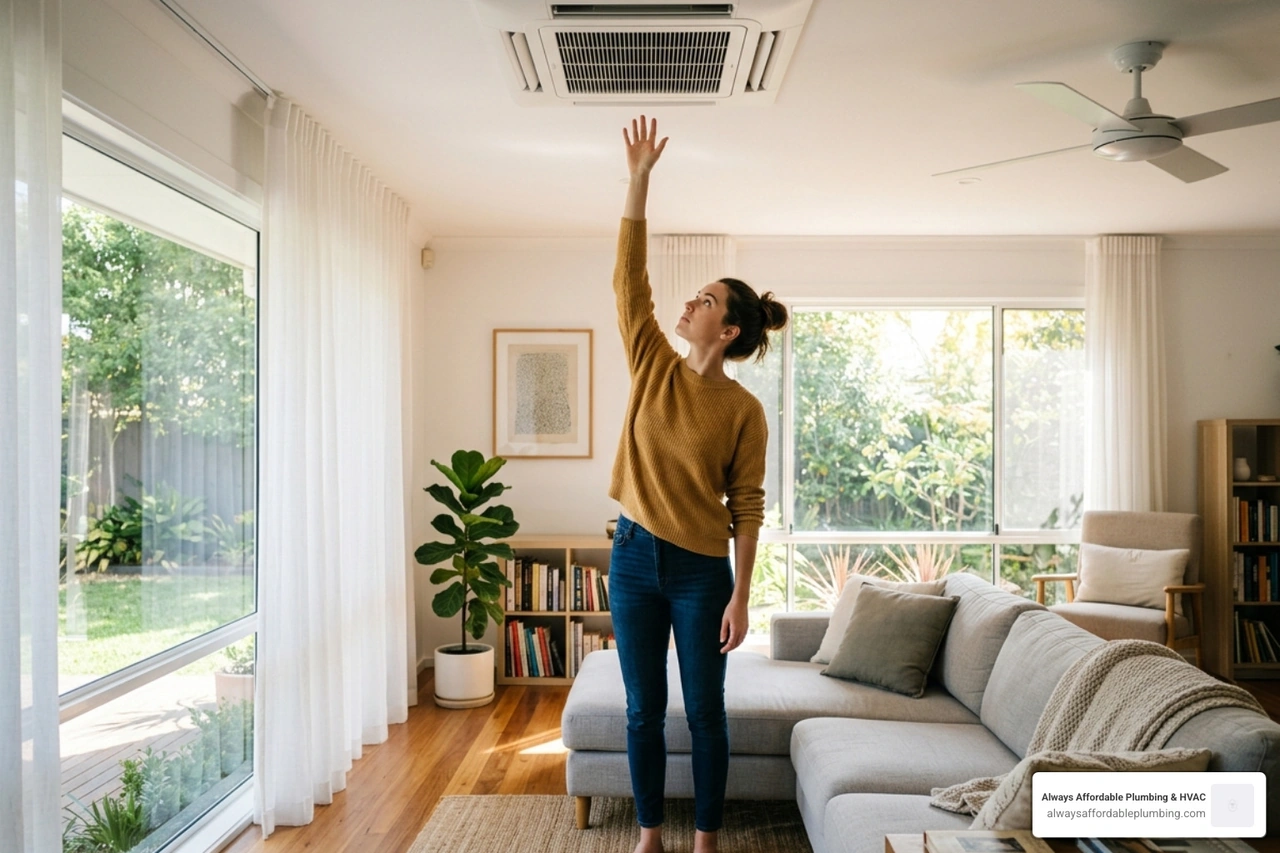 Homeowner checking an AC vent for airflow in a sunny living room - signs your ac needs repair