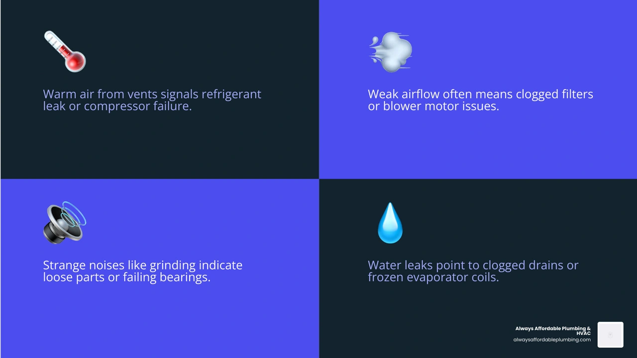 Common AC warning signs infographic showing 10 signs your AC needs repair with icons - signs your ac needs repair