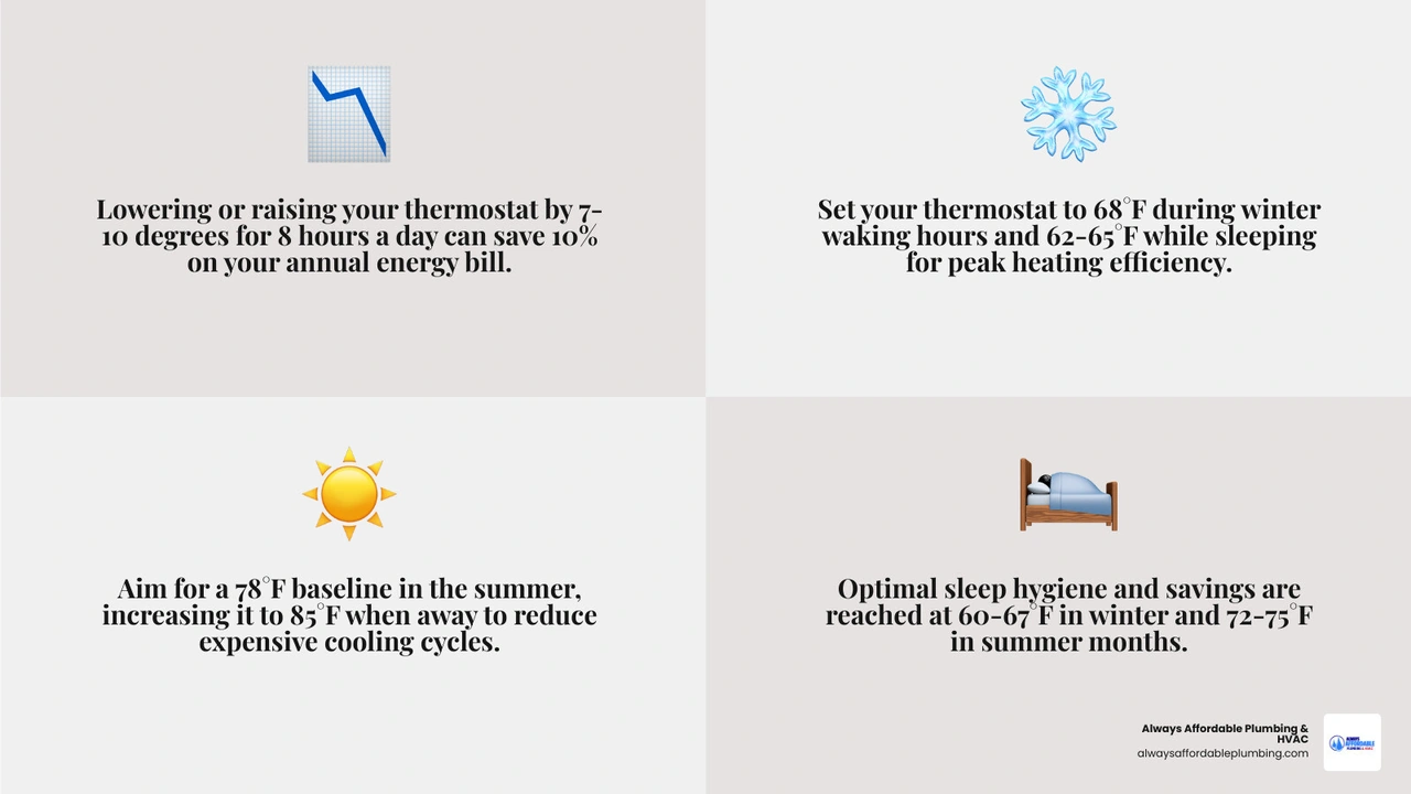 Infographic showing the 7-10 degree thermostat rule and seasonal temperature settings for energy savings infographic