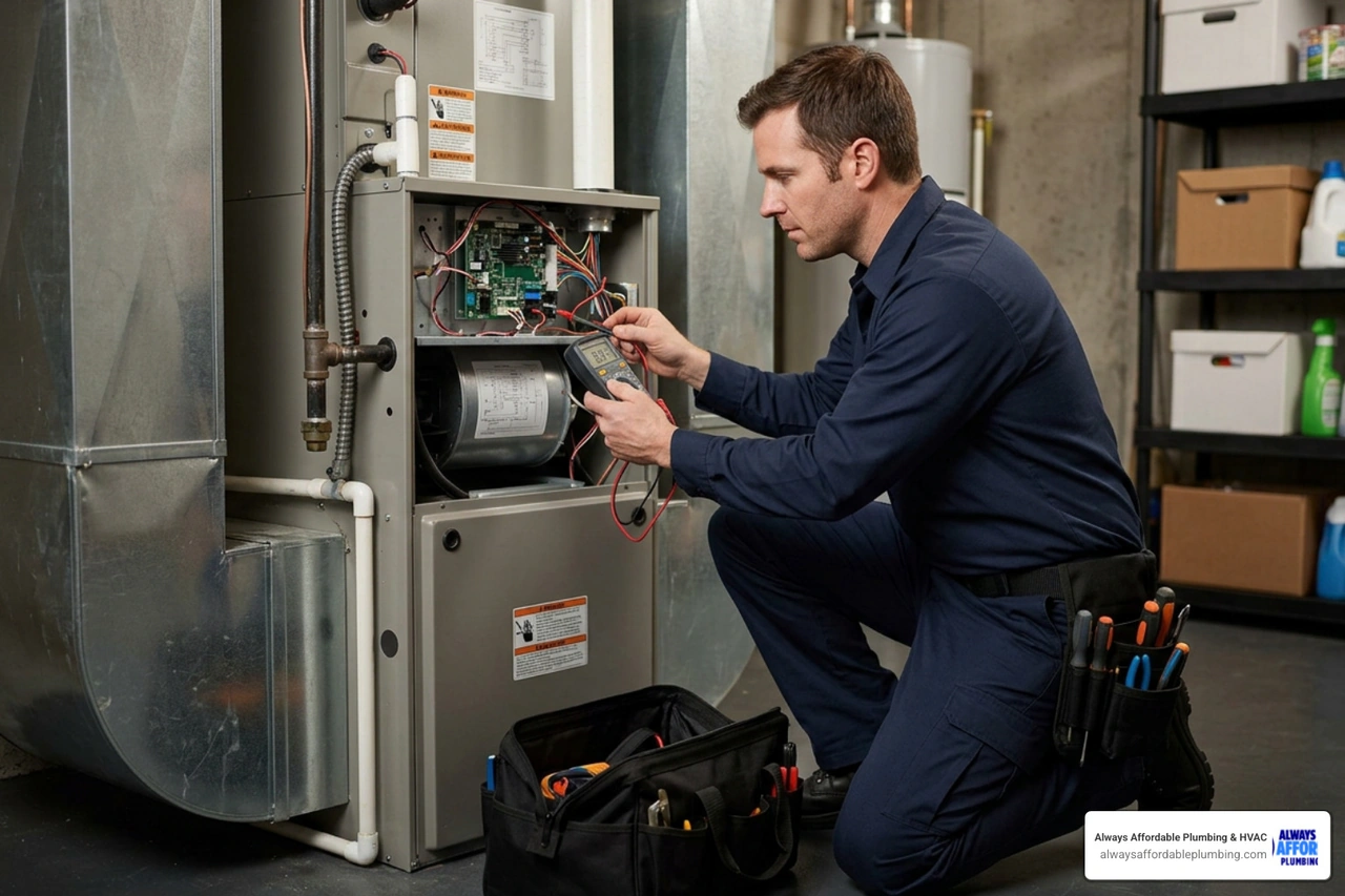 Technician evaluating residential HVAC system components during a service call