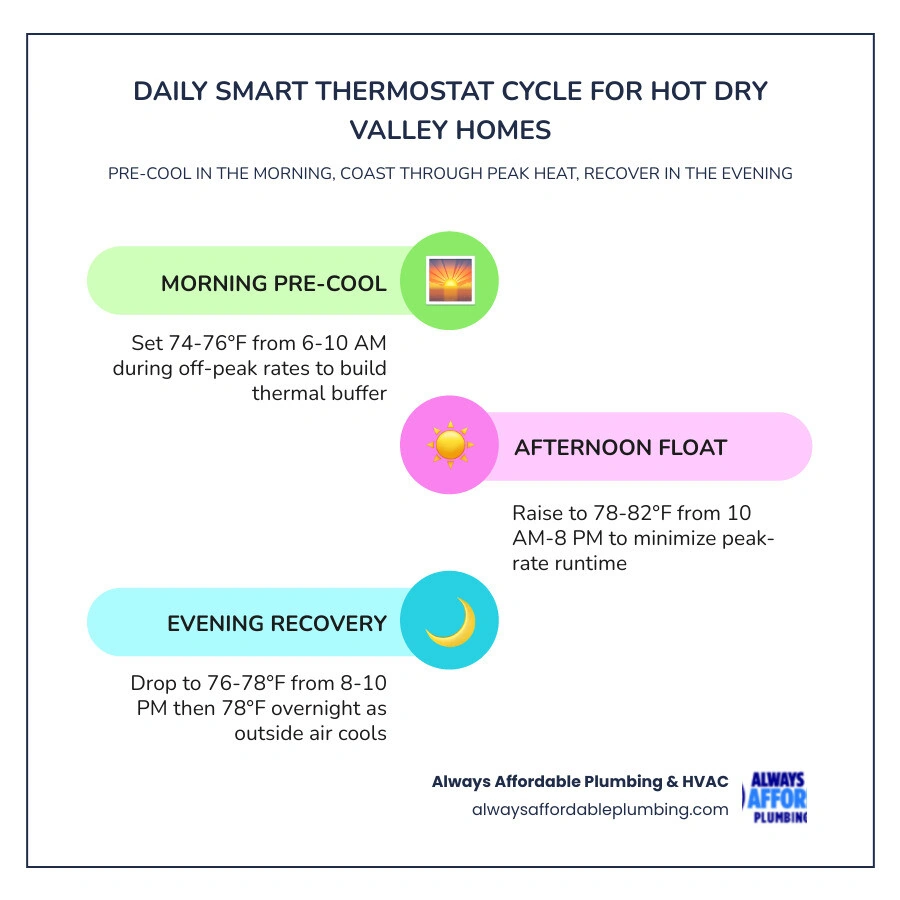 Infographic showing ideal daily thermostat temperature cycle for hot dry Sacramento valley homes by time block infographic Infographic showing ideal daily thermostat temperature cycle for hot dry Sacramento valley homes by time block infographic