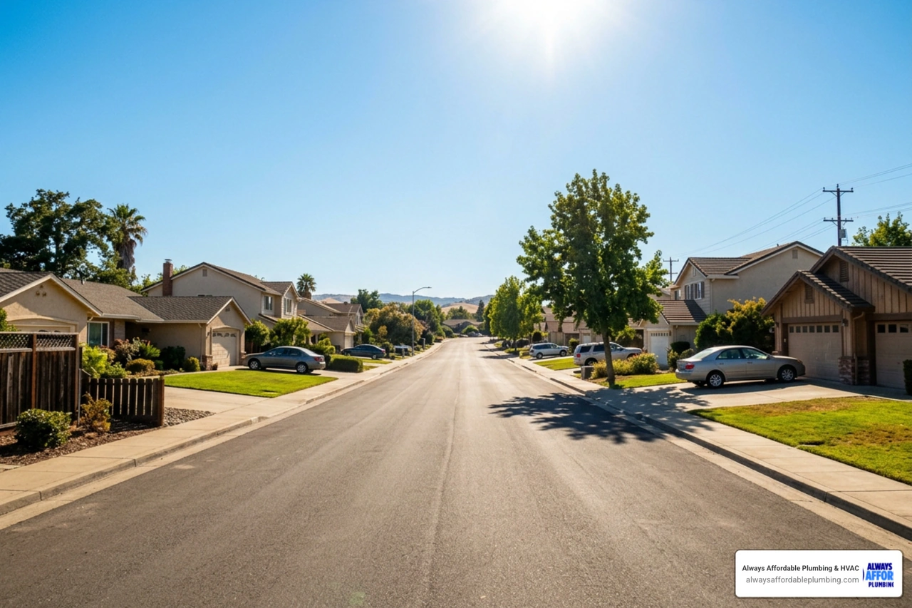 intense summer sun beating down on a residential street in Sacramento valley intense summer sun beating down on a residential street in Sacramento valley