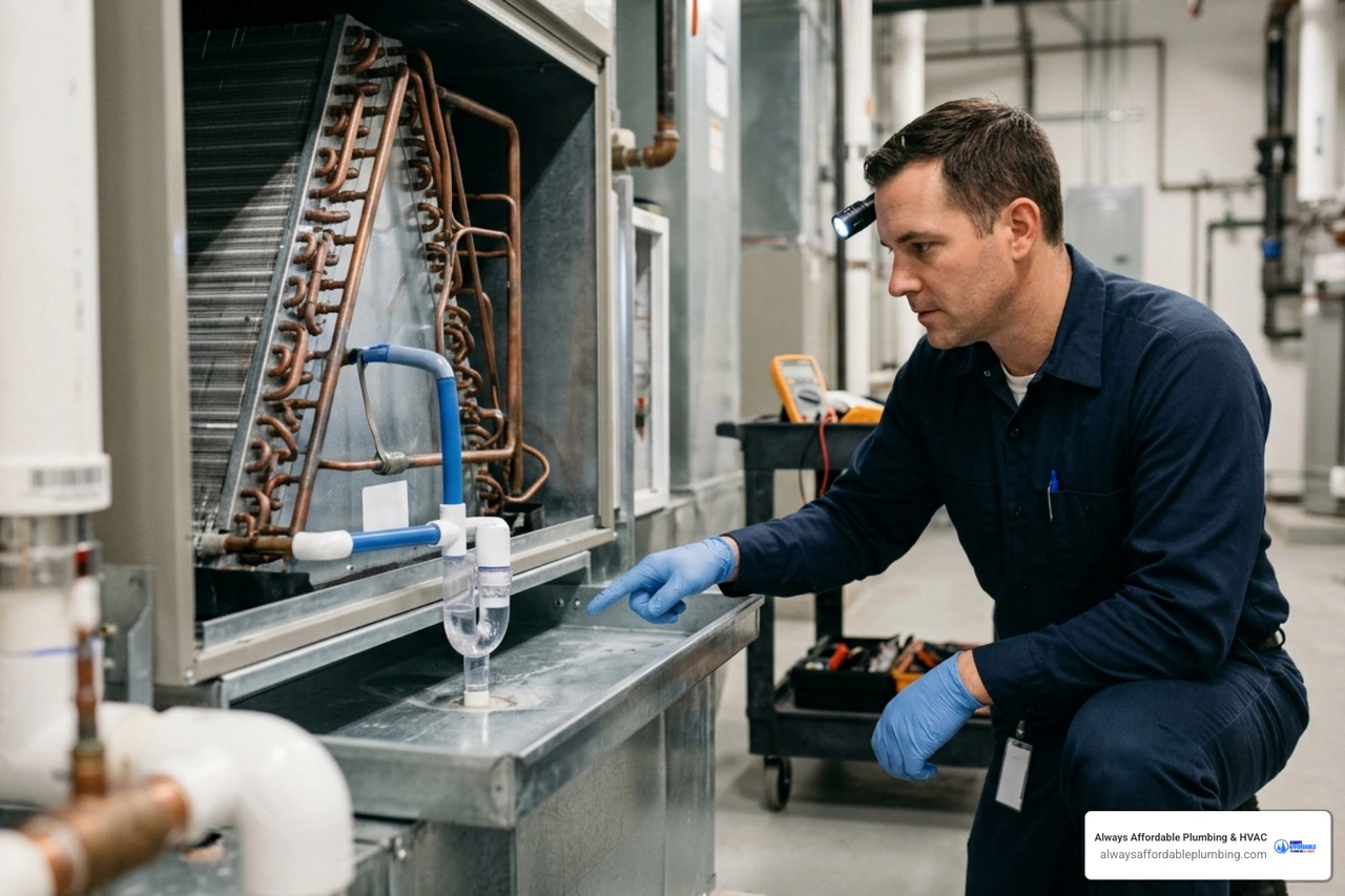 Technician inspecting a condensate drain pan for clogs and standing water - how proper hvac maintenance prevents mold growth Technician inspecting a condensate drain pan for clogs and standing water - how proper hvac maintenance prevents mold growth