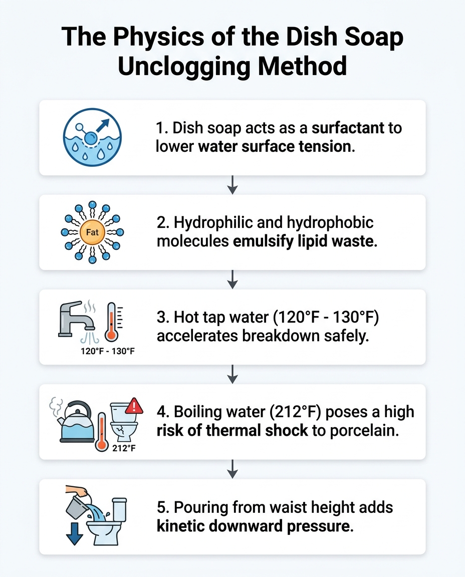 The Physics of the Dish Soap Unclogging Method