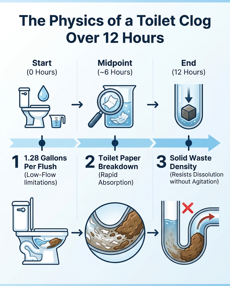 The Physics of a Toilet Clog Over 12 Hours