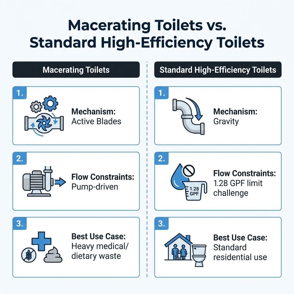 Macerating Toilets vs. Standard High-Efficiency Toilets