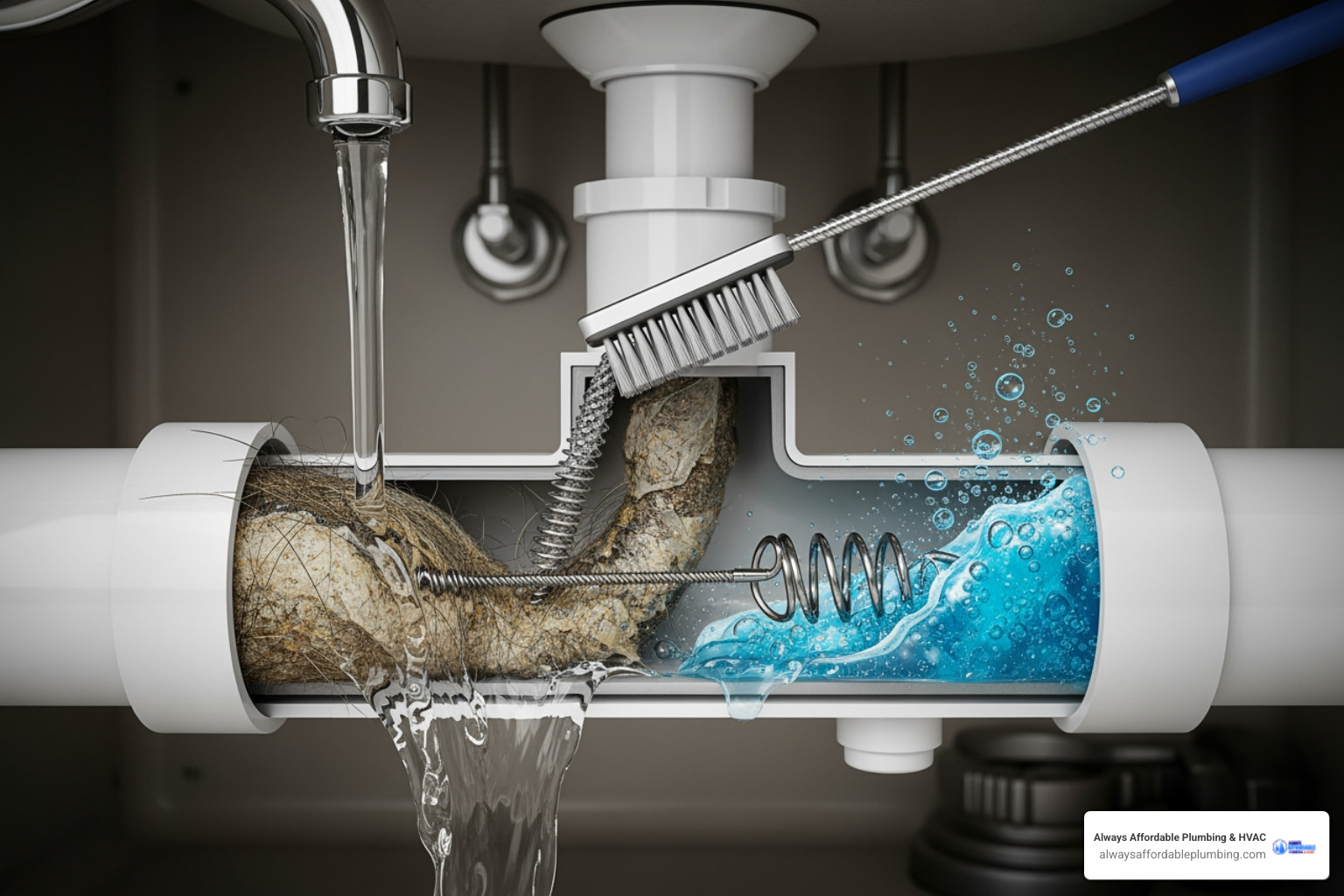 infographic showing common causes of drain clogs in kitchens versus bathrooms, with hair and soap scum illustrated for bathroom drains, and grease and food waste shown for kitchen drains - best way to clean drain pipes