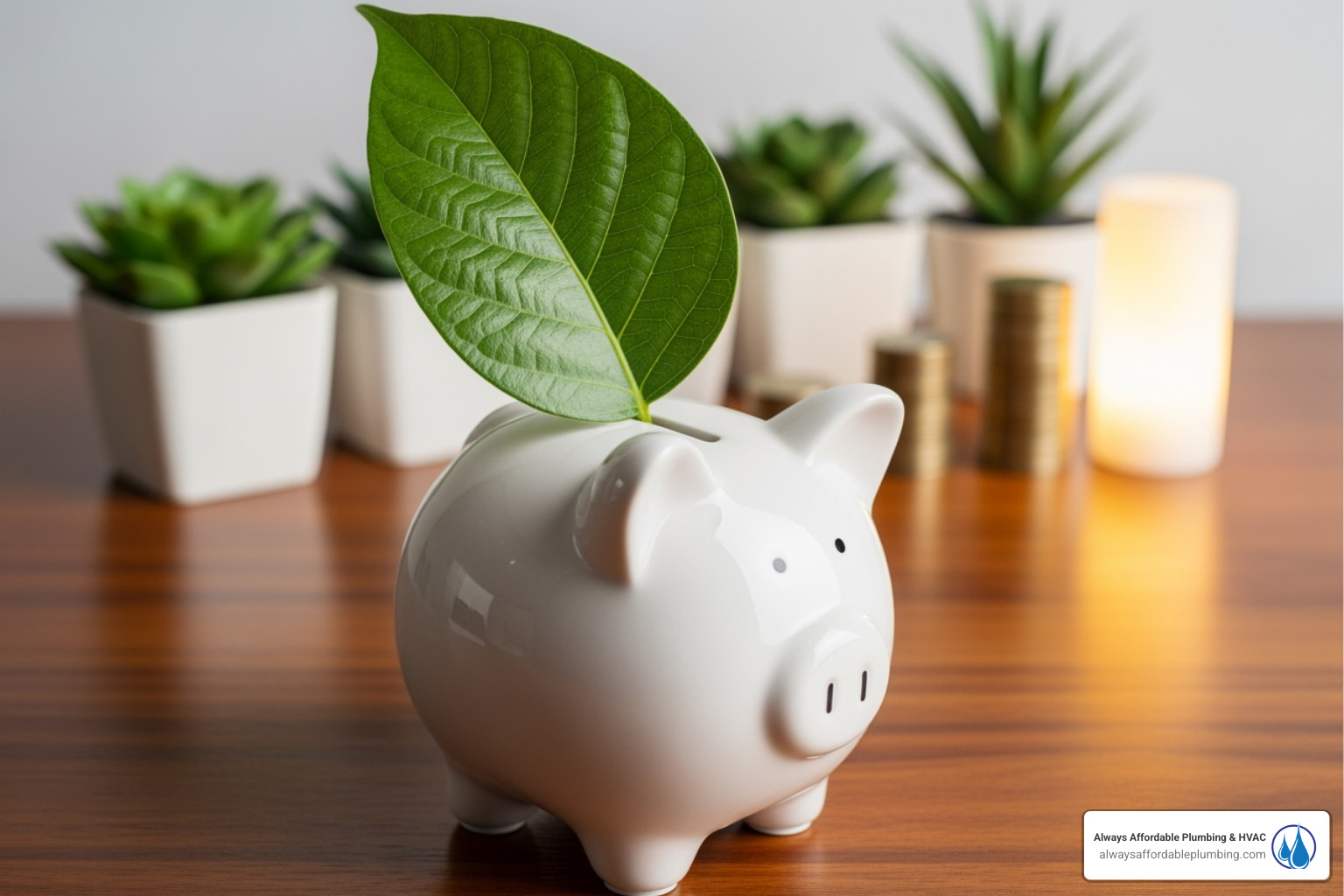 piggy bank with a leaf on it, symbolizing green savings - energy efficient heating system roseville ca