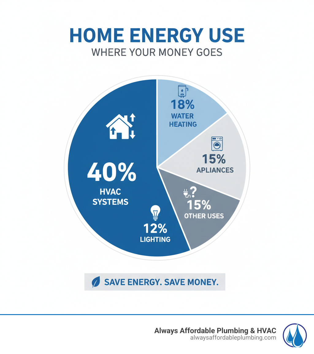 Infographic showing home energy consumption breakdown with HVAC systems representing 40% of total usage, followed by water heating at 18%, appliances at 15%, lighting at 12%, and other uses at 15% - energy efficient heating system roseville ca infographic 