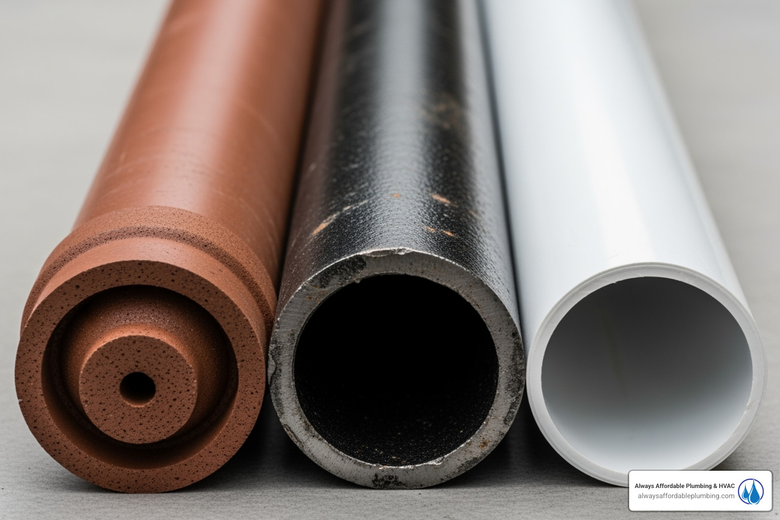 showing different common pipe materials like clay, cast iron, and modern PVC - sewer pipe replacement roseville ca showing different common pipe materials like clay, cast iron, and modern PVC - sewer pipe replacement roseville ca