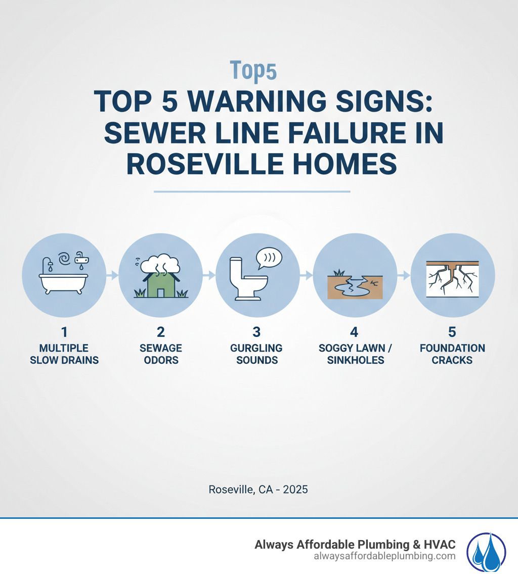 Infographic showing the top 5 warning signs of sewer line failure in Roseville homes: 1) Multiple slow-draining fixtures throughout the house, 2) Persistent sewage odors in yard or home, 3) Gurgling sounds from toilets and drains, 4) Unexplained soggy areas or sinkholes in lawn, 5) Foundation cracks or settling issues - sewer pipe replacement roseville ca infographic Infographic showing the top 5 warning signs of sewer line failure in Roseville homes: 1) Multiple slow-draining fixtures throughout the house, 2) Persistent sewage odors in yard or home, 3) Gurgling sounds from toilets and drains, 4) Unexplained soggy areas or sinkholes in lawn, 5) Foundation cracks or settling issues - sewer pipe replacement roseville ca infographic