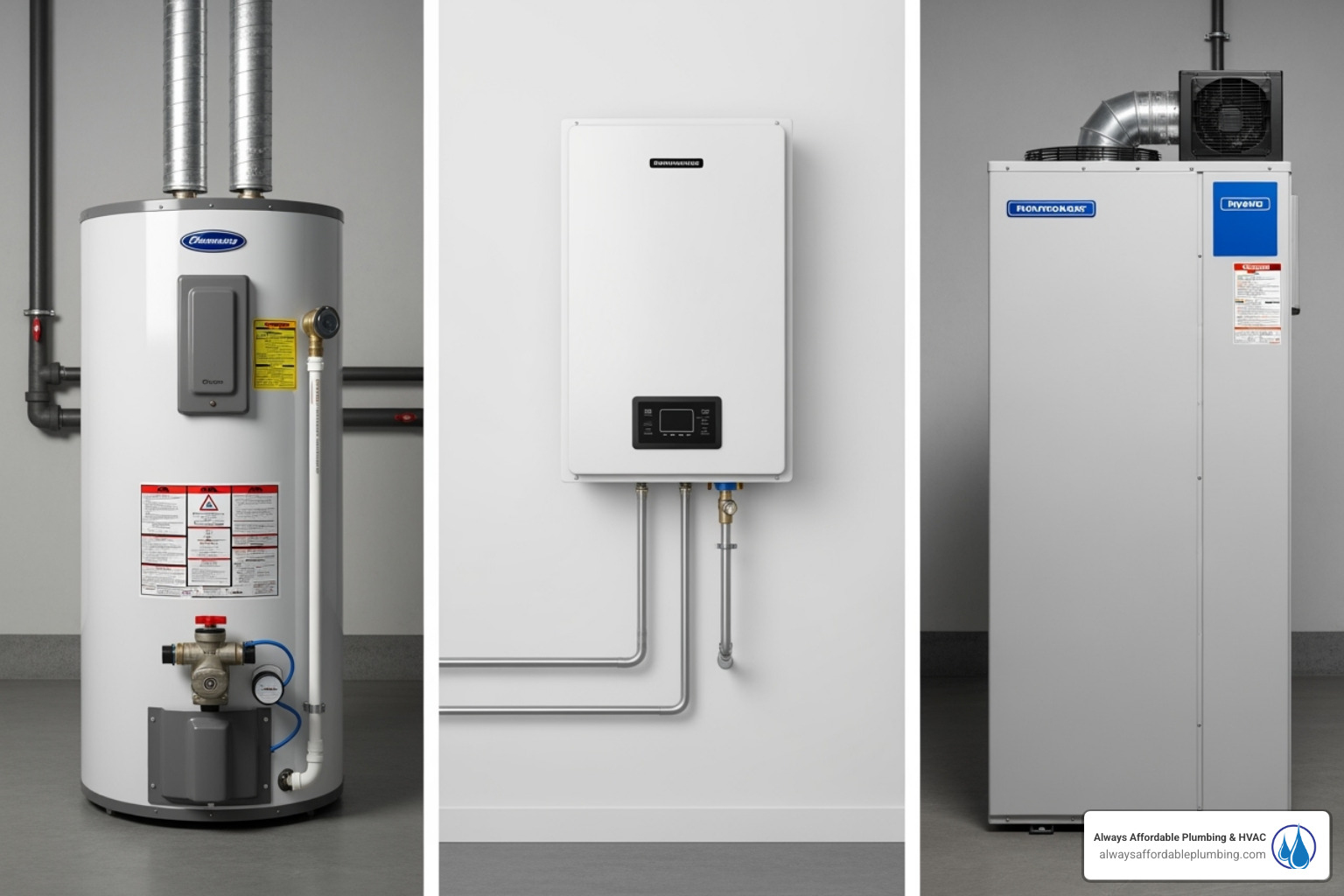 Side-by-side comparisons of tank, tankless, and hybrid water heaters - water heater repair sacramento ca