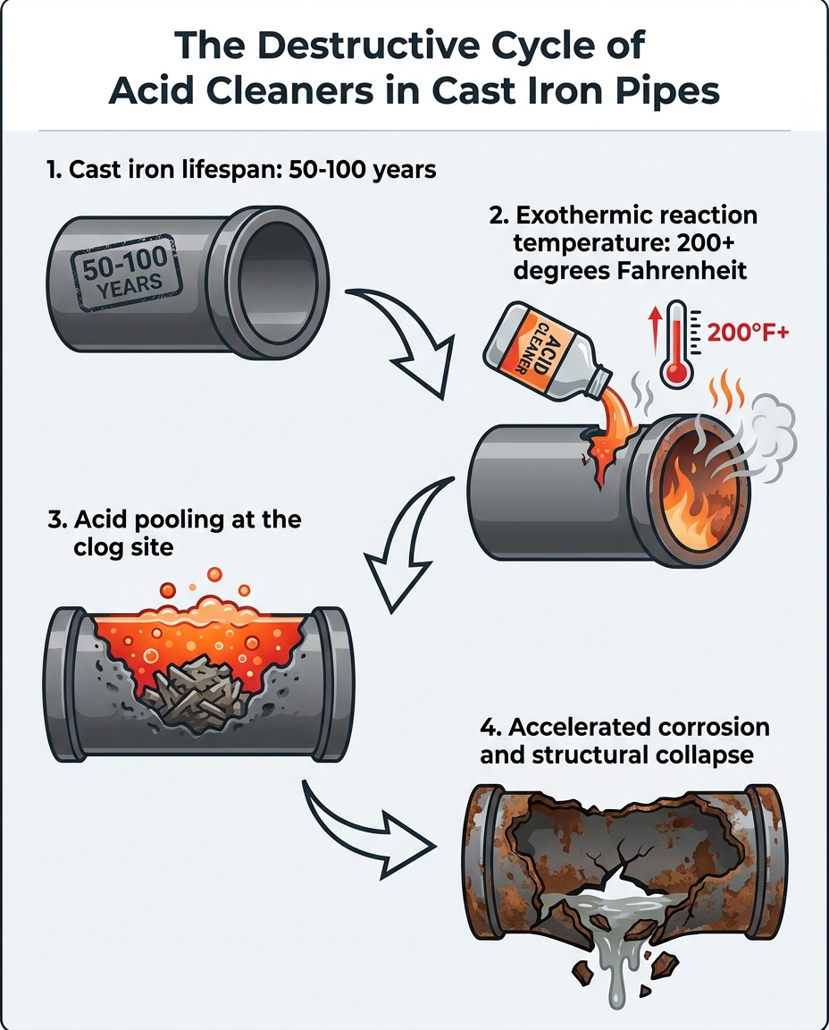 The Destructive Cycle of Acid Cleaners in Cast Iron Pipes