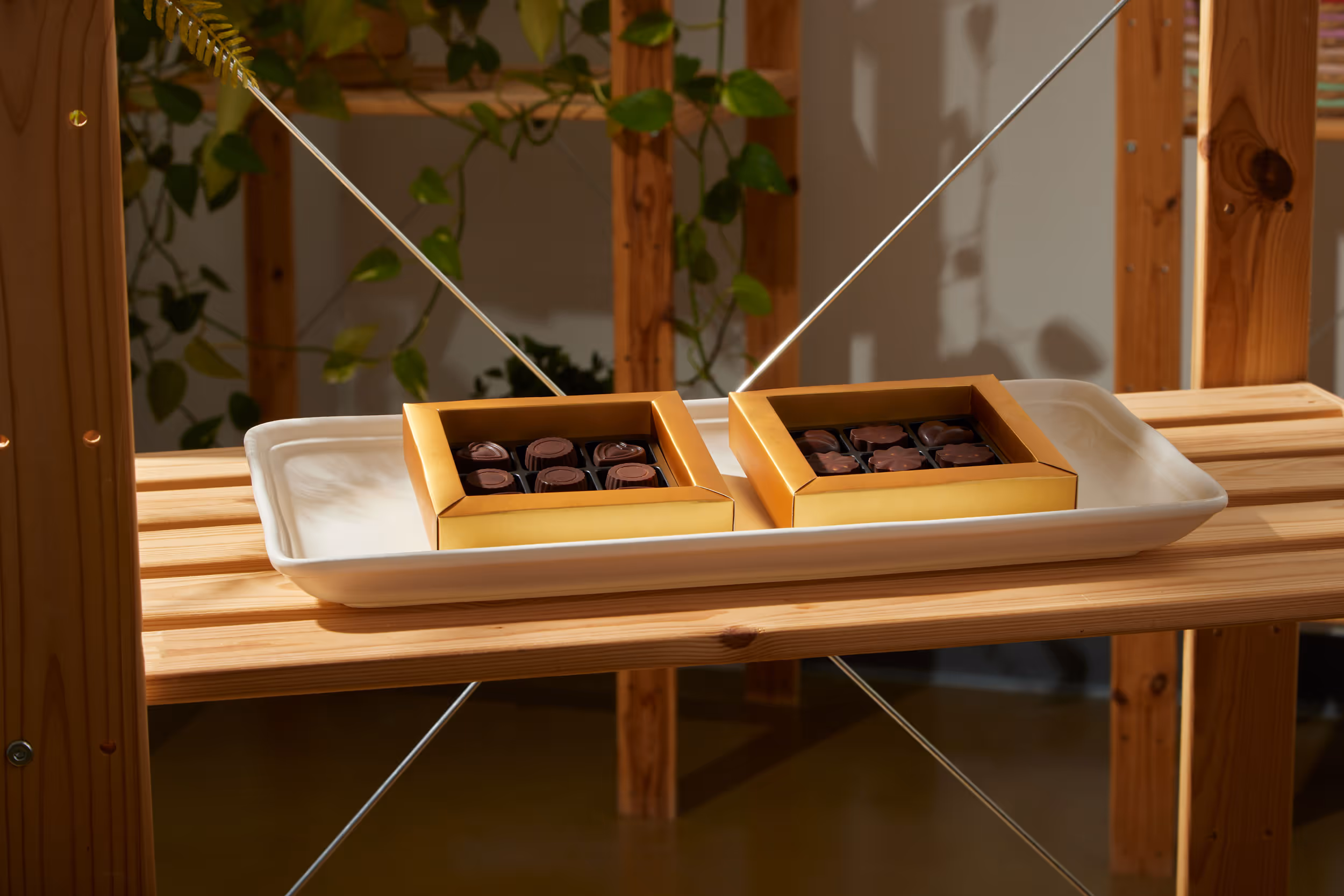 Two gold gift boxes of assorted chocolates displayed on a white ceramic tray atop a wooden shelf, with plants softly blurred in the background.