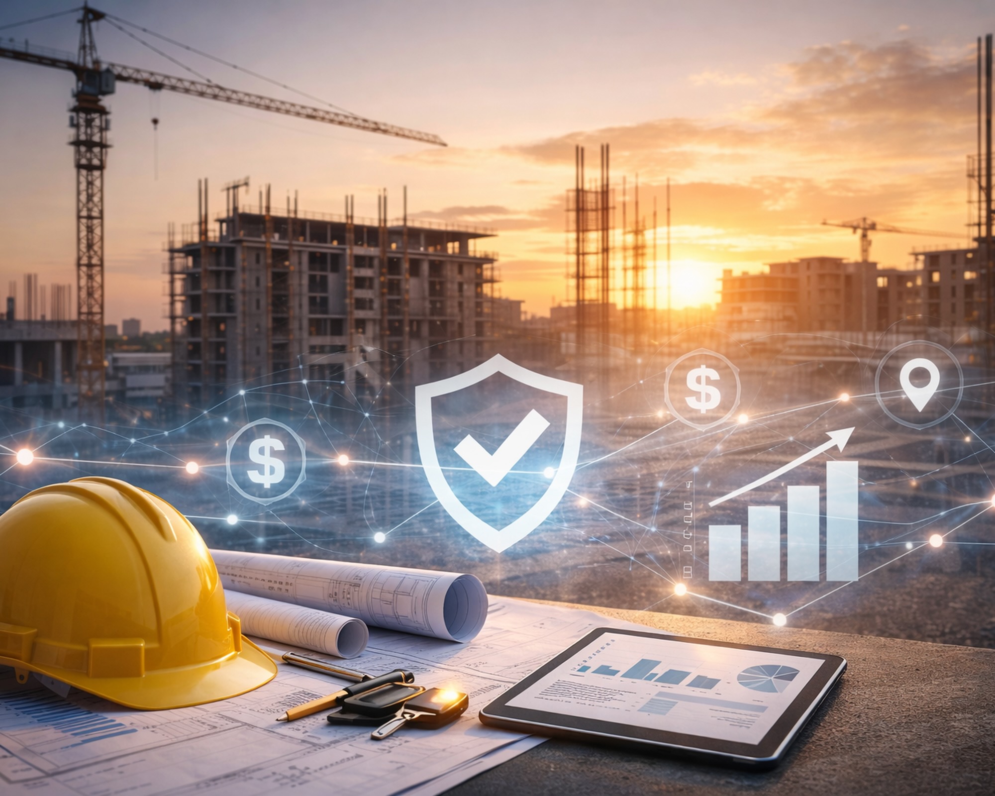 Hard hat and blueprints with construction background