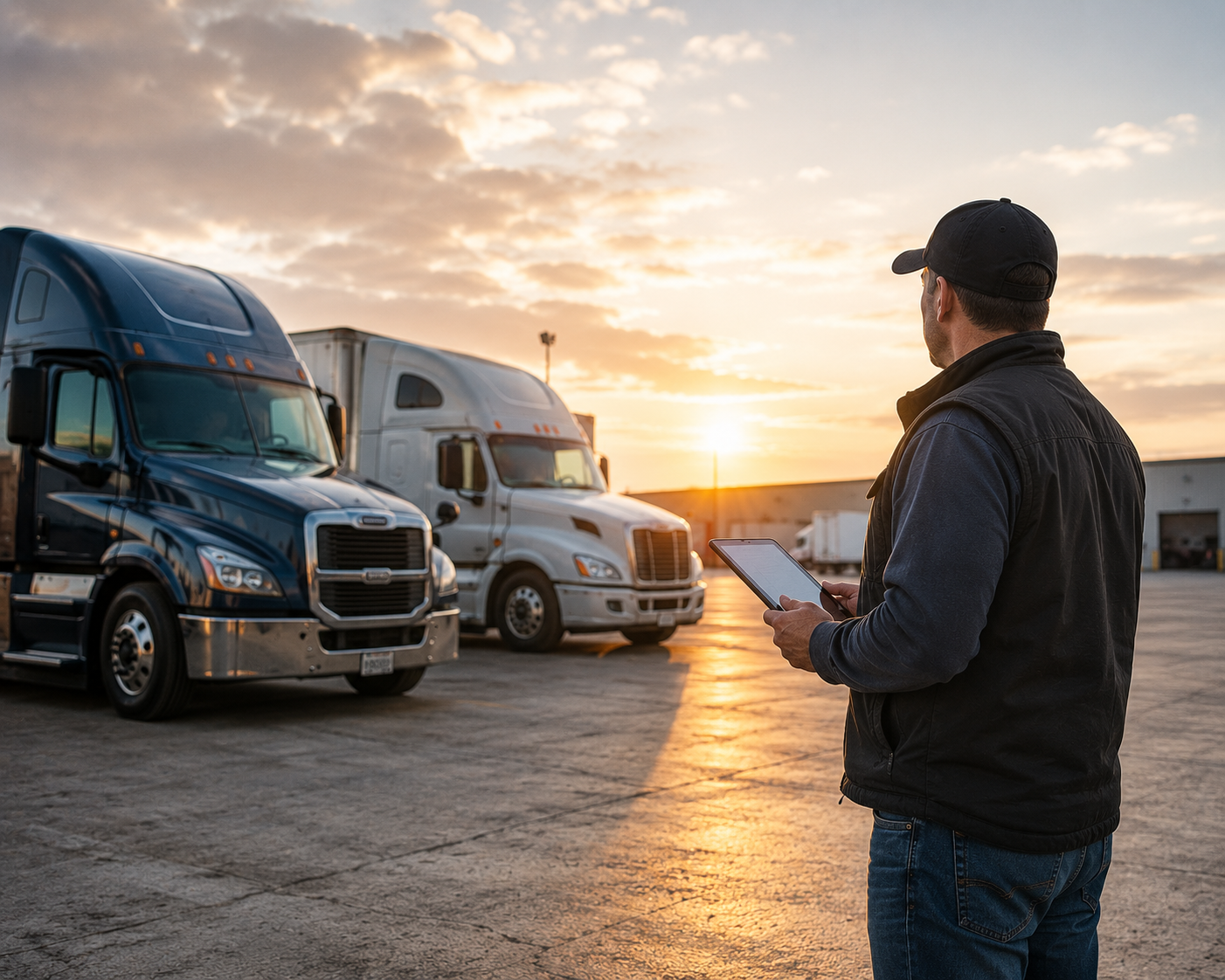 Man looking at trucks