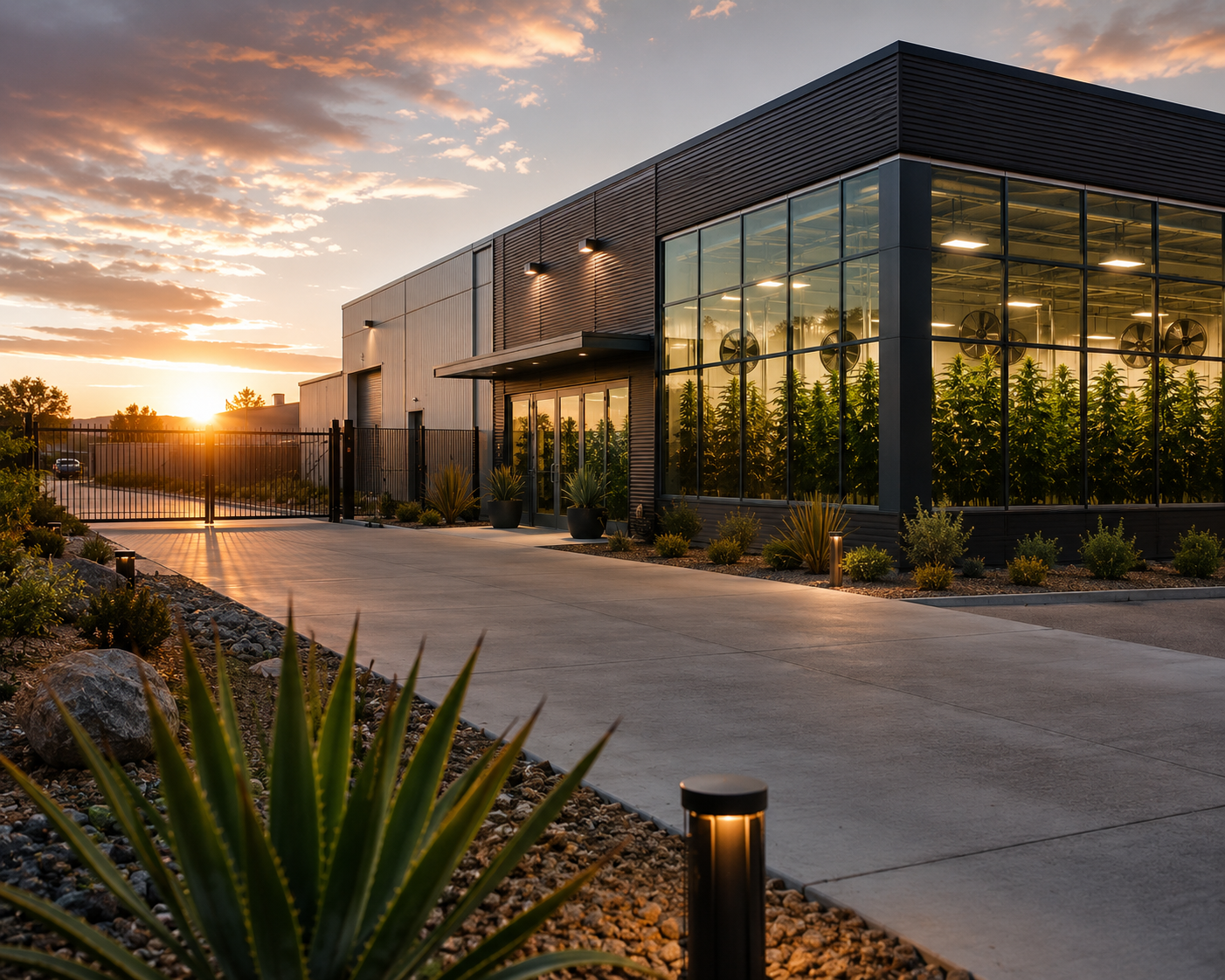 Office building with sunset
