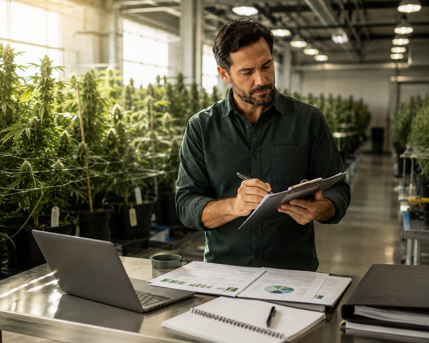 Man at desk with plants in background