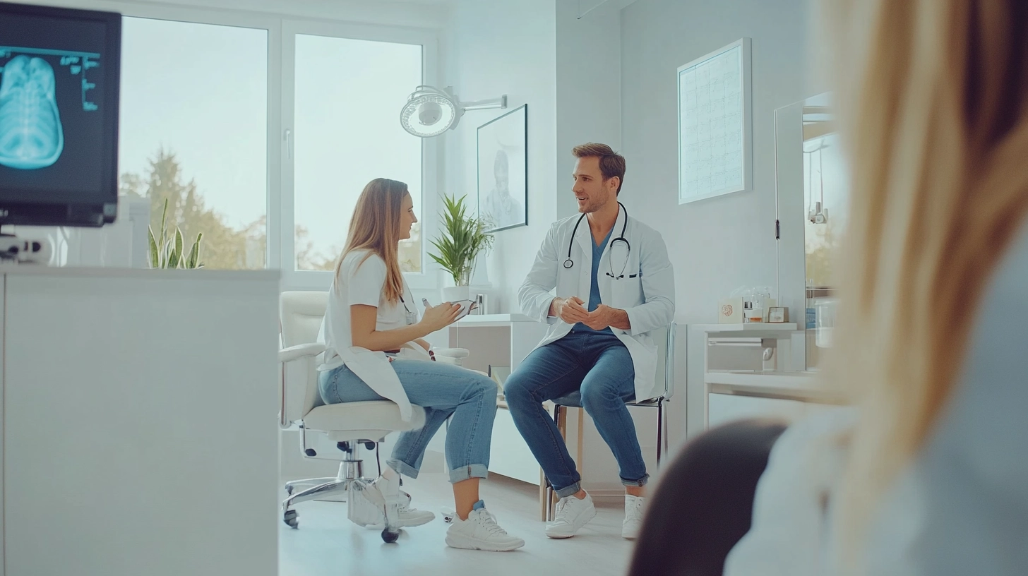 Doctor talking with a patient in an office illustrating captive insurance for healthcare and dental practices