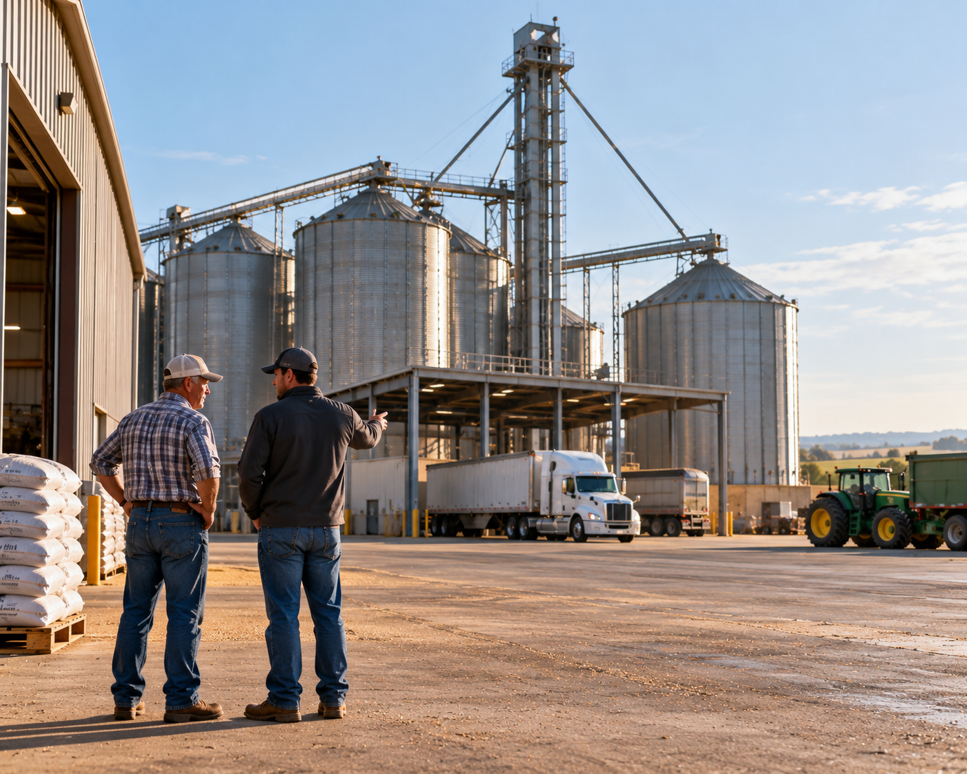 Men standing in front of grain silo at co-op