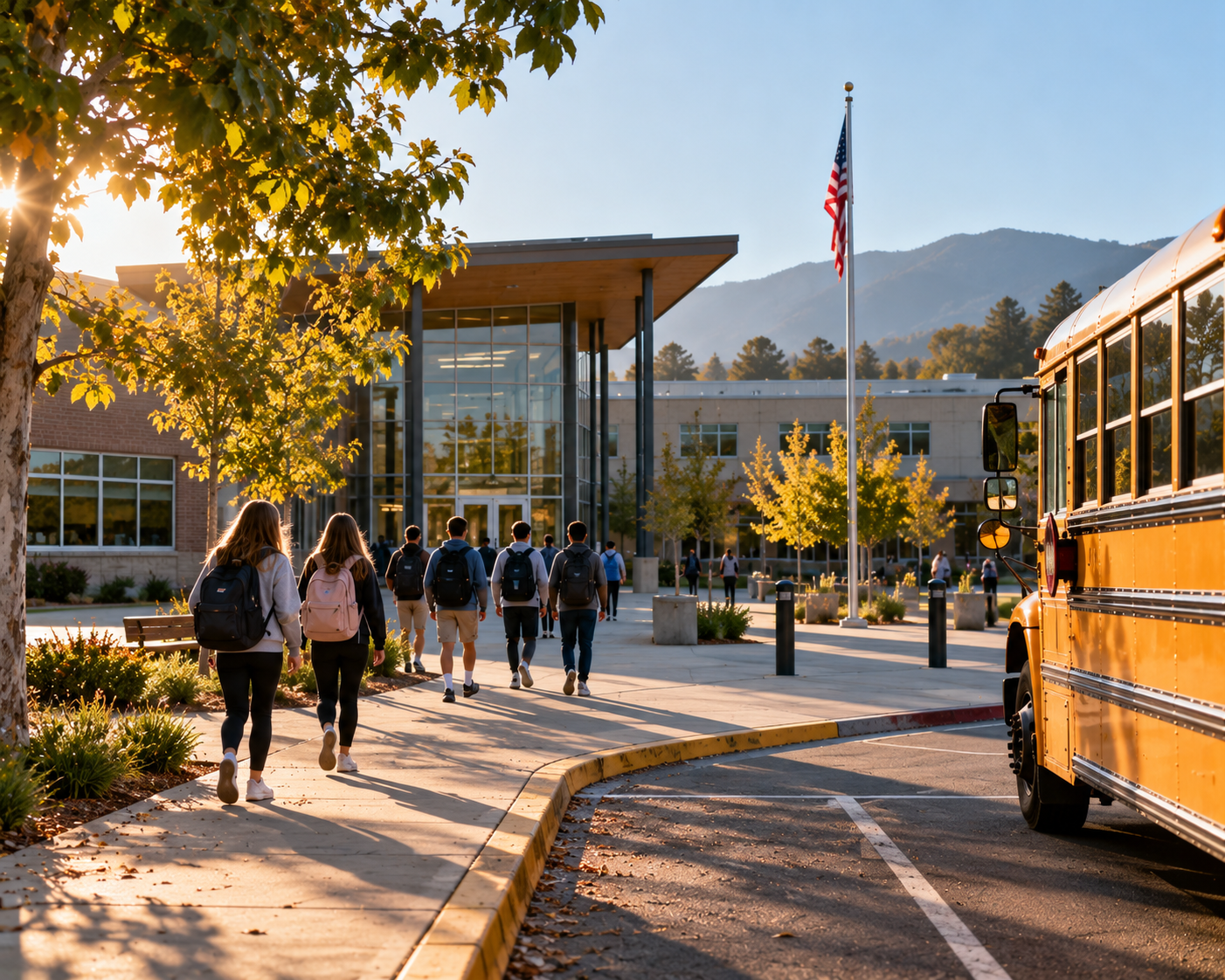 Children walking to school with bus in foreground