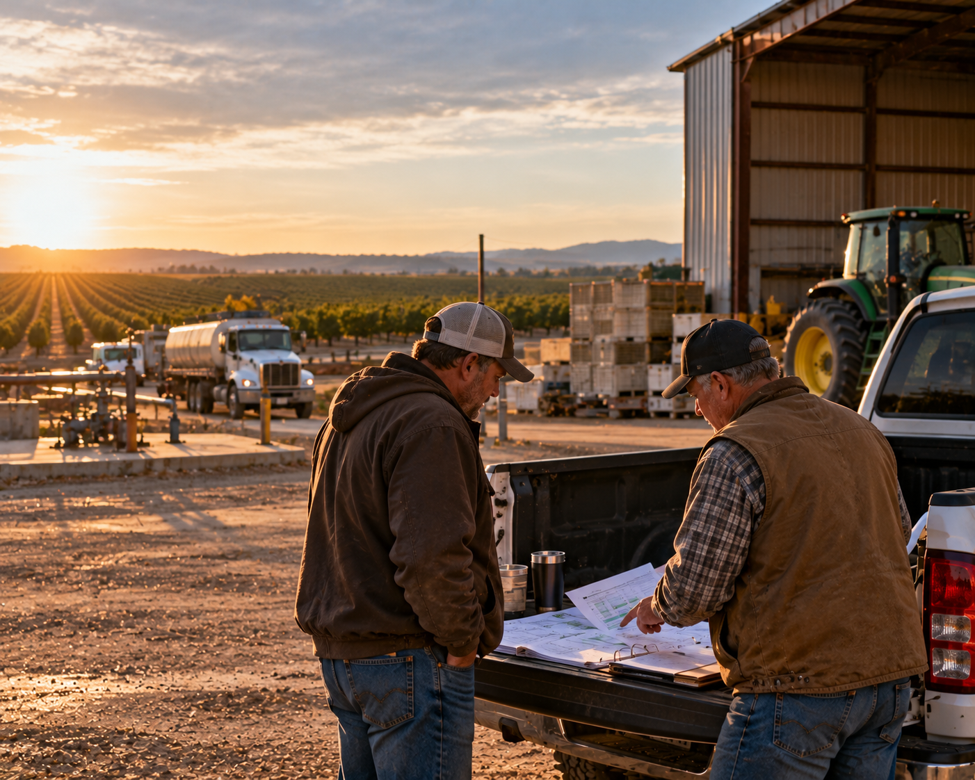 Two farmers talking at bed of pickup truck