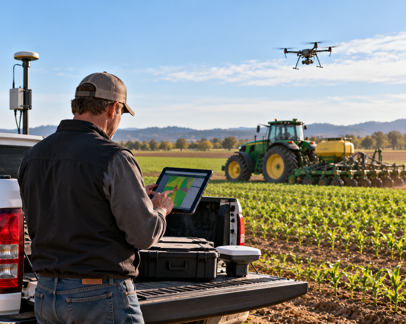 Farmer flying a drone in a field