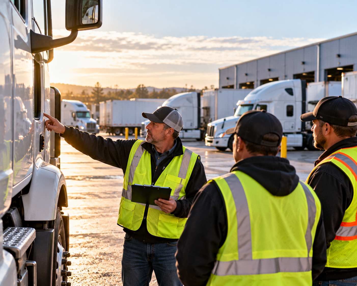 Truckers inspecting a truck