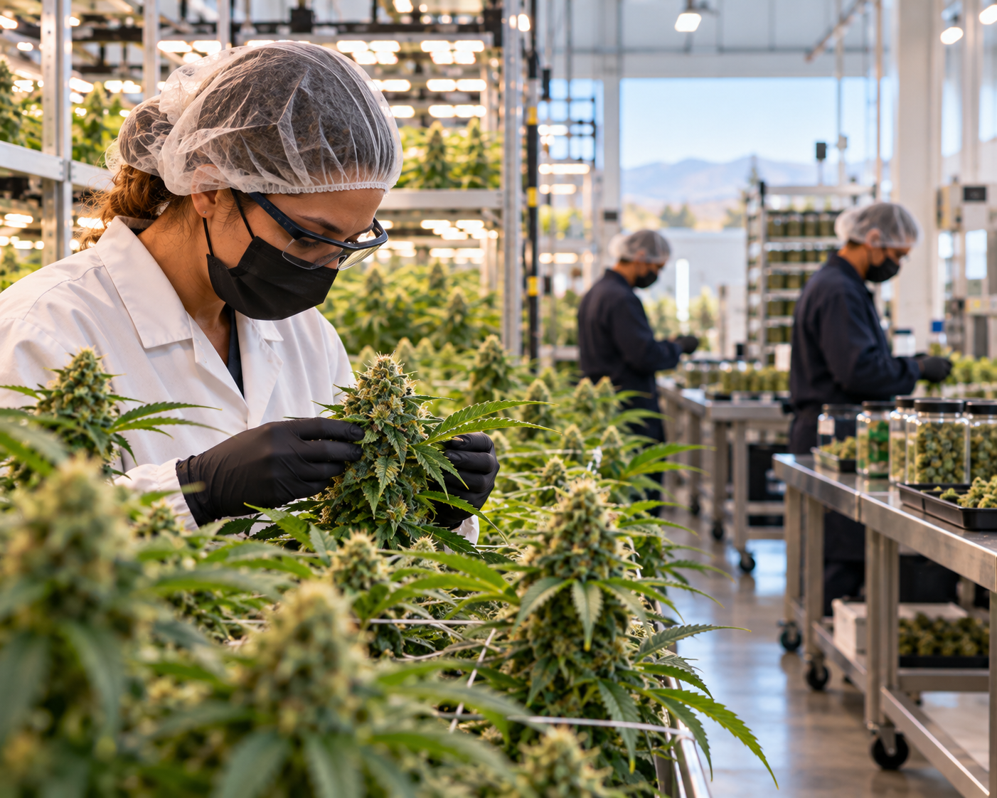 Cannabis plants with techs inspecting the plants