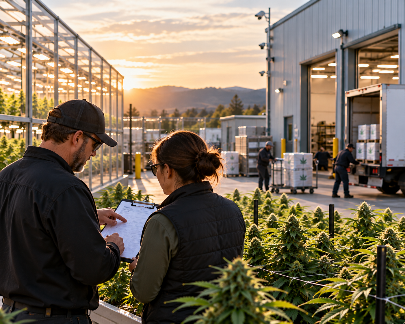 Cannabis workers discussing items on clipboard