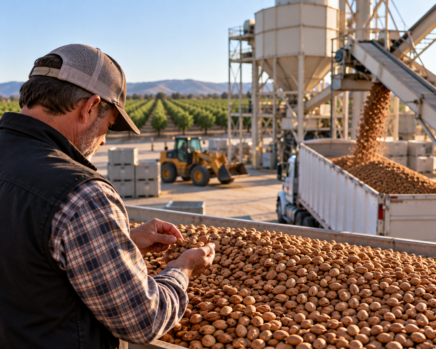 Farmer inspecting product at handling facility