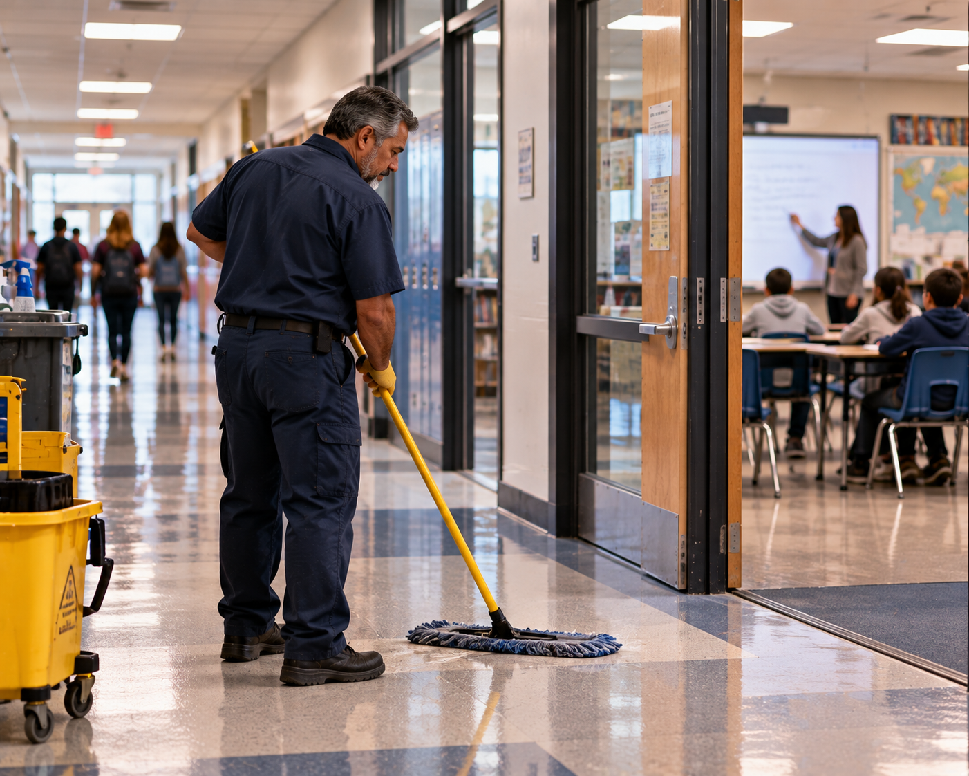 Janitor mopping school hallway