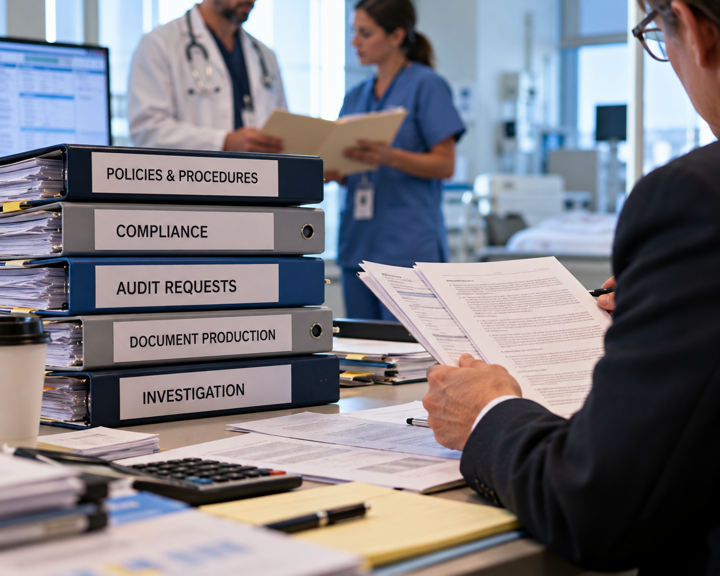 Compliance officer at desk with medical professionals in the background