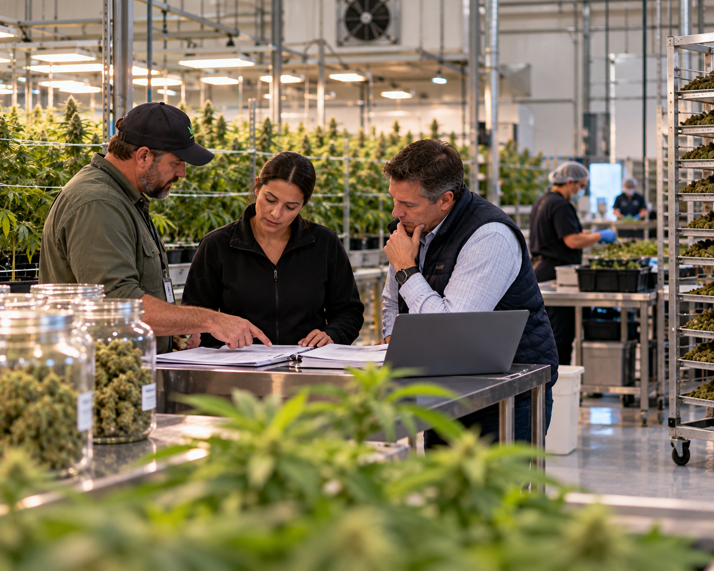 Cannabis professionals talking at a desk