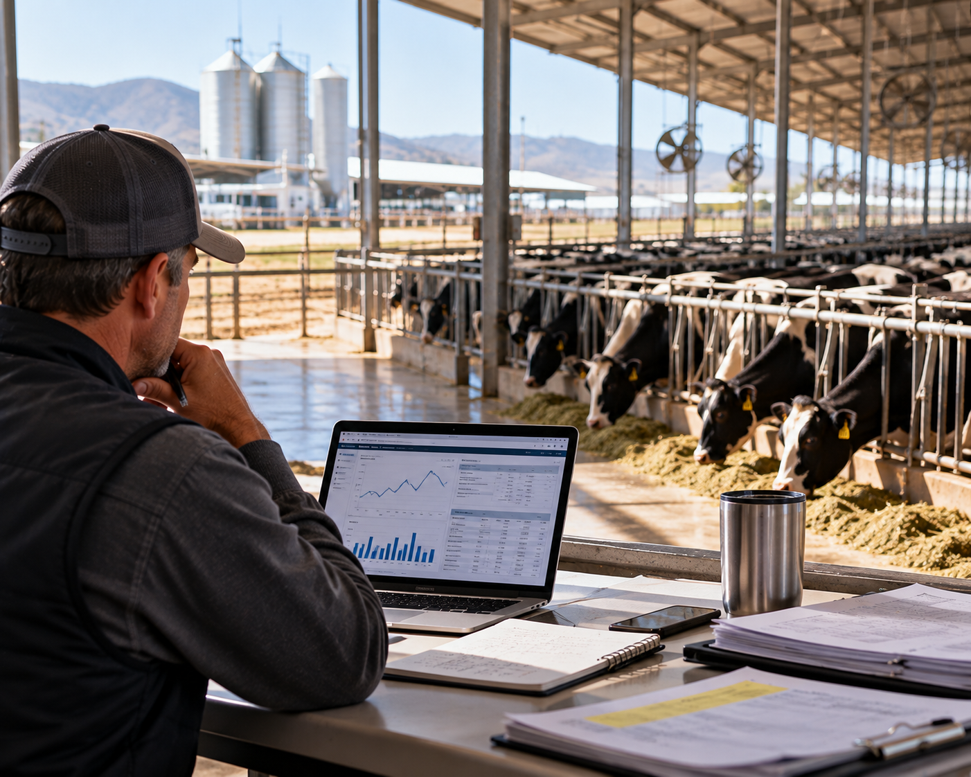 Dairy owner at laptop in front of herd