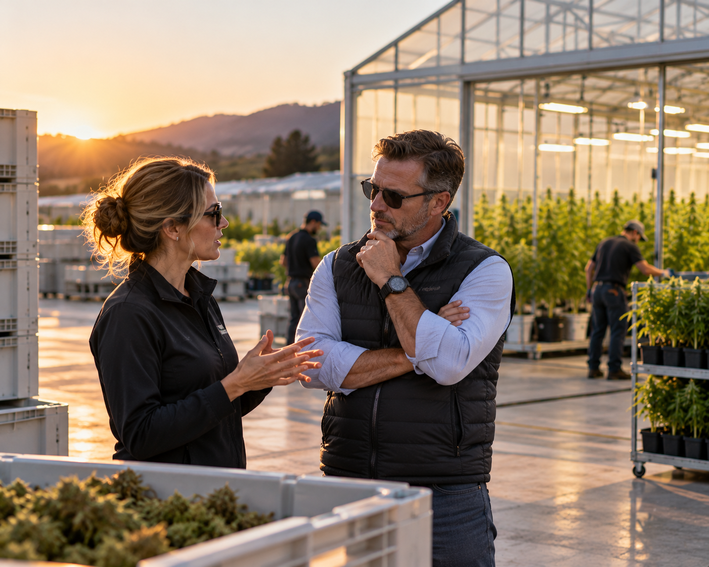 Cannabis professionals outside a greenhouse
