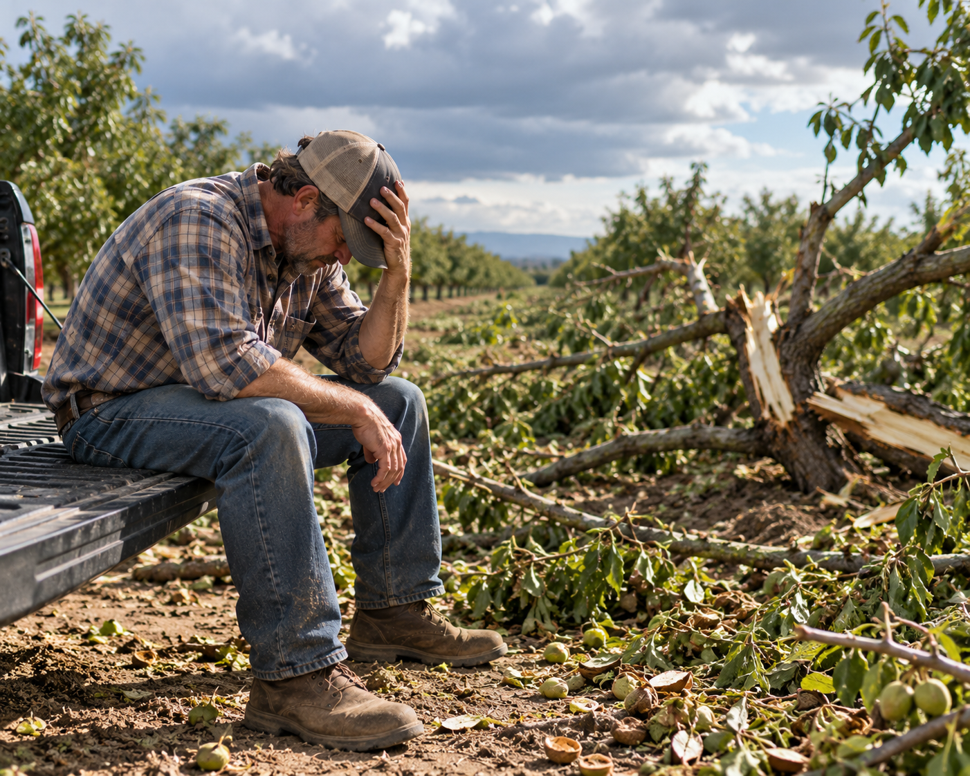 Farmer sitting on pickup bed in front of lost trees.