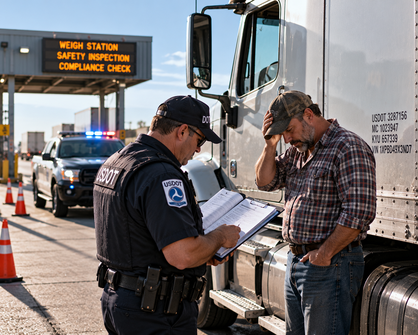 Trucker standing by truck with official