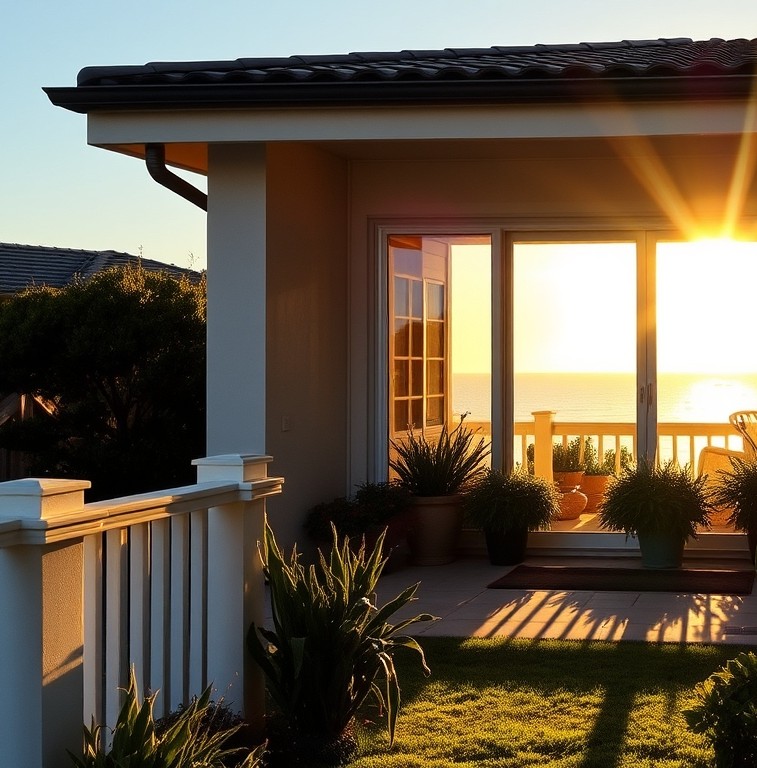 Sunlit home porch at sunset