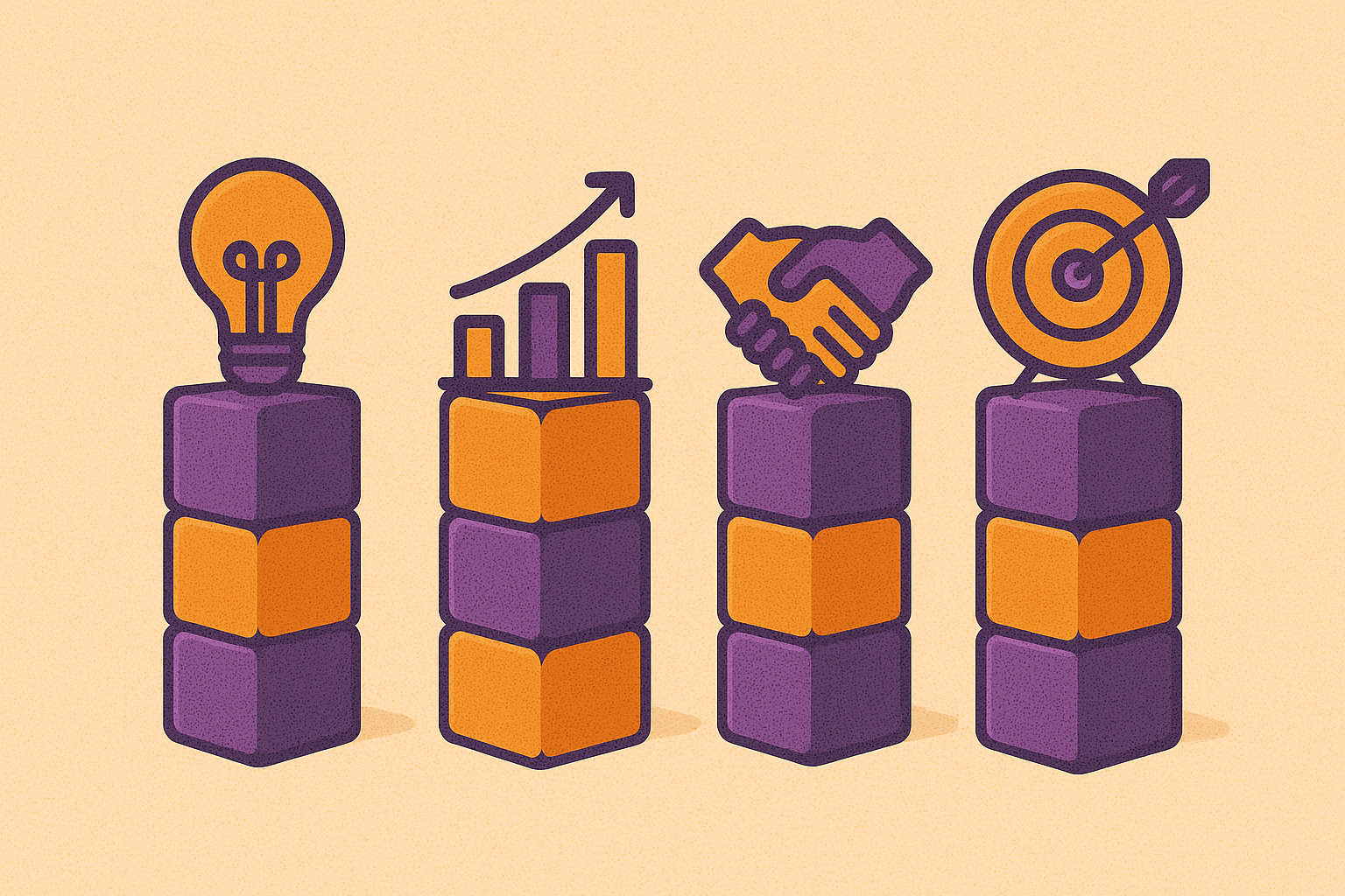 Four purple and orange stacked blocks topped with icons: a lightbulb, a rising bar graph with arrow, a handshake, and a target with an arrow.