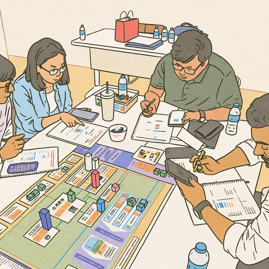 Four people sitting around a table engaged in a collaborative board game or strategy planning activity with documents, notebooks, and water bottles.